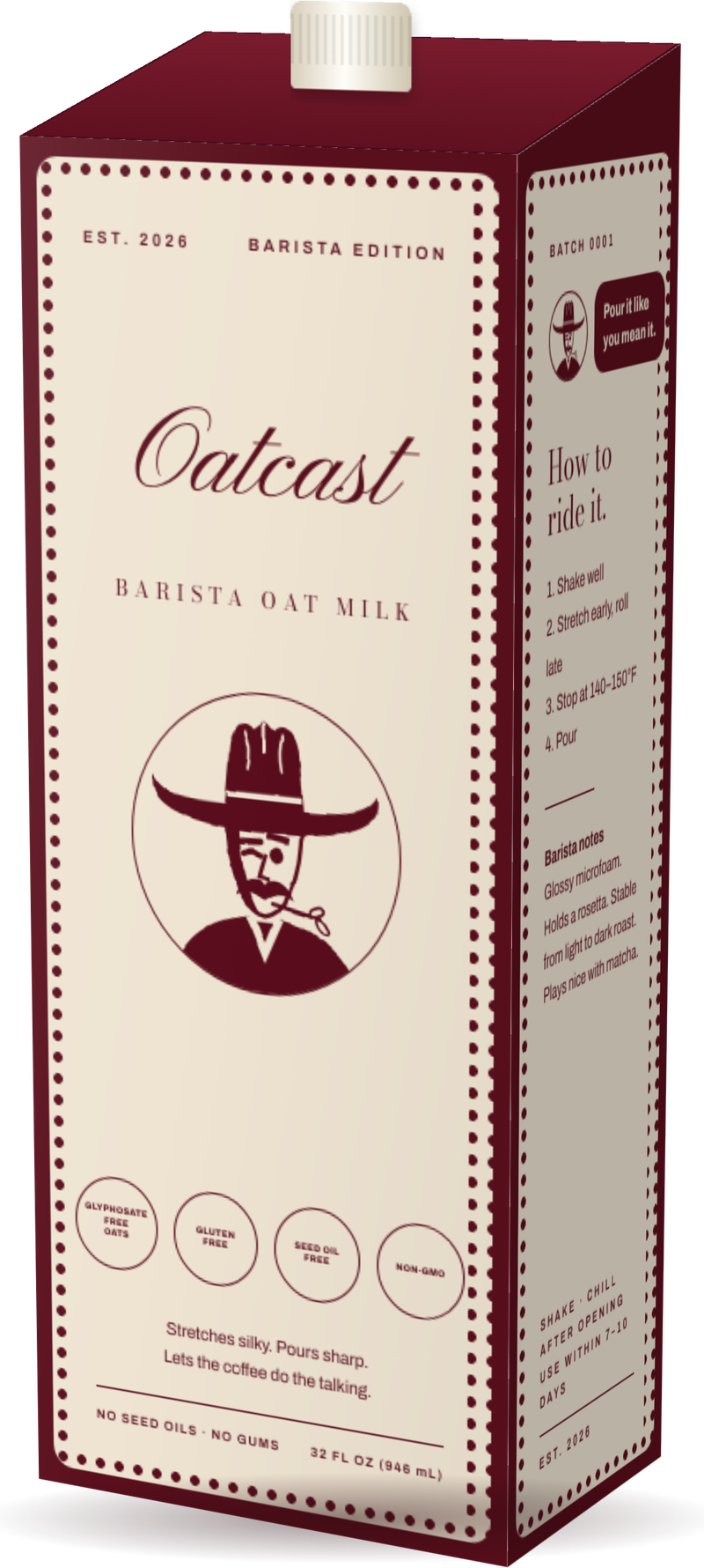 Oatcast barista oat milk carton with Dusty the cowboy on the front